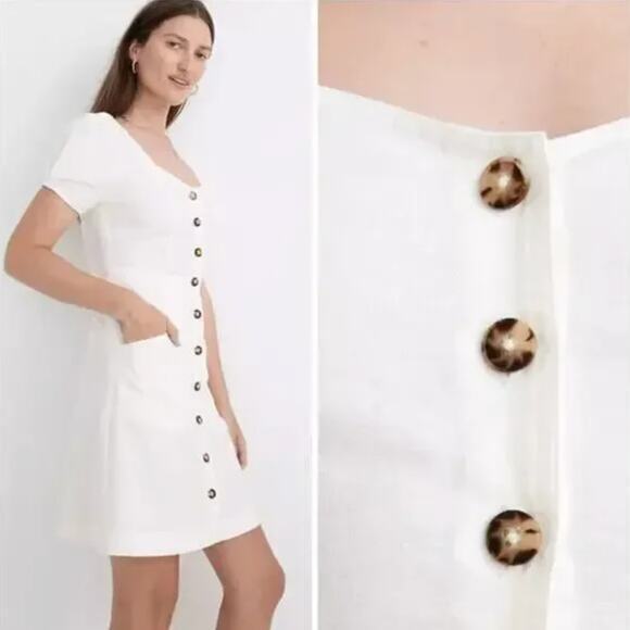 NEW Madewell Linen-Cotton Puff-Sleeve Mini Dress, lighthouse, size 6 - Picture 2 of 16